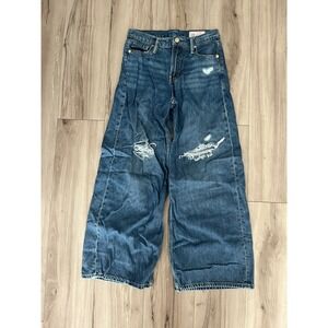 Gap Baggy Mid Rise Distressed Wide Leg Jeans Blue Petite 24 00P Tencel Blend